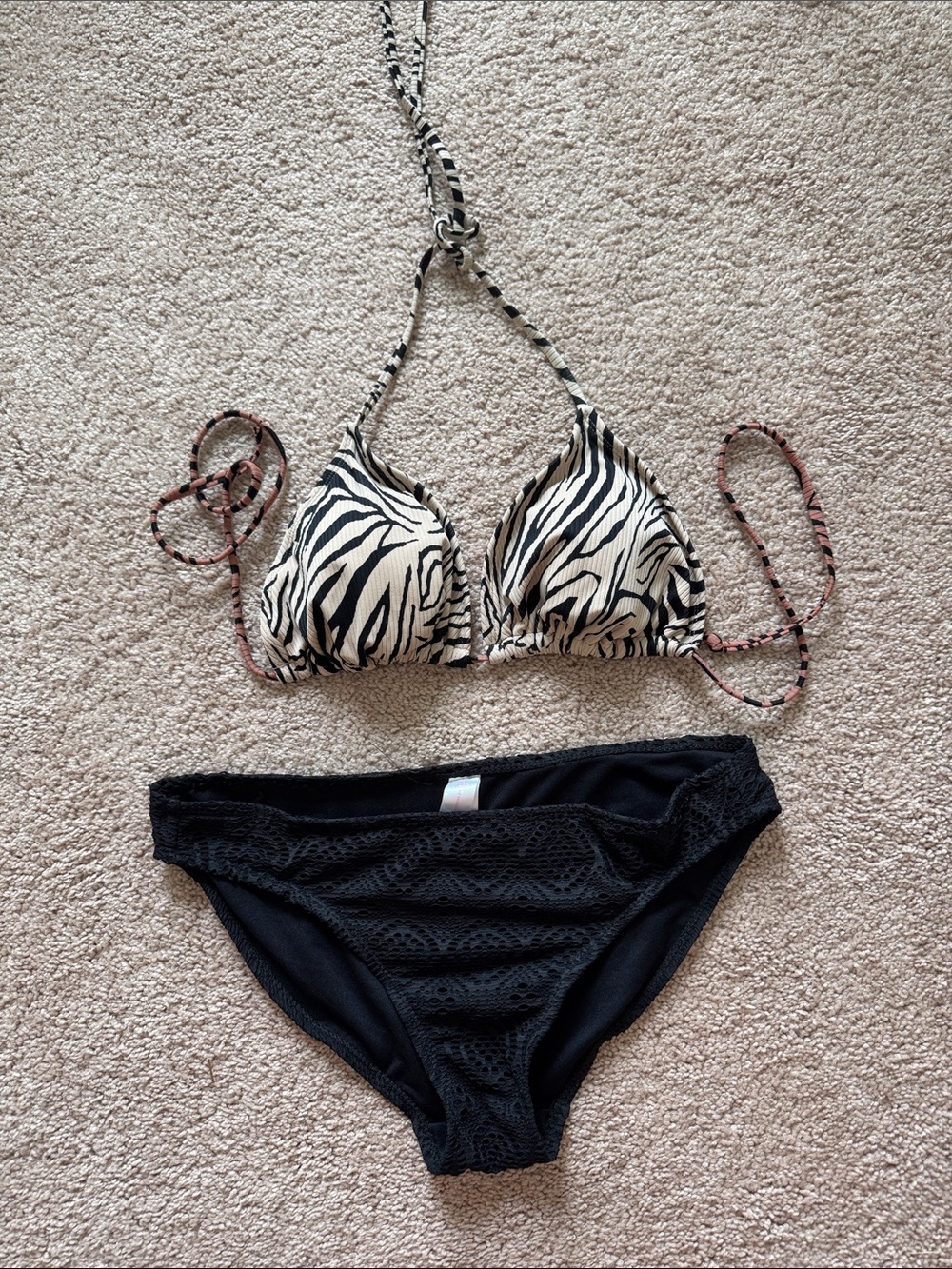 Women’s Zebra Print Triangle Bikini Top with Black Bikini Bottom